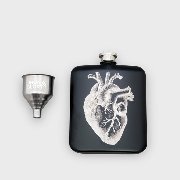 For Medicinal Purposes | Iron & Glory Hip Flask with Heart Graphic. For Medicinal Purposes | Iron & Glory Hip Flask with Heart Graphic.